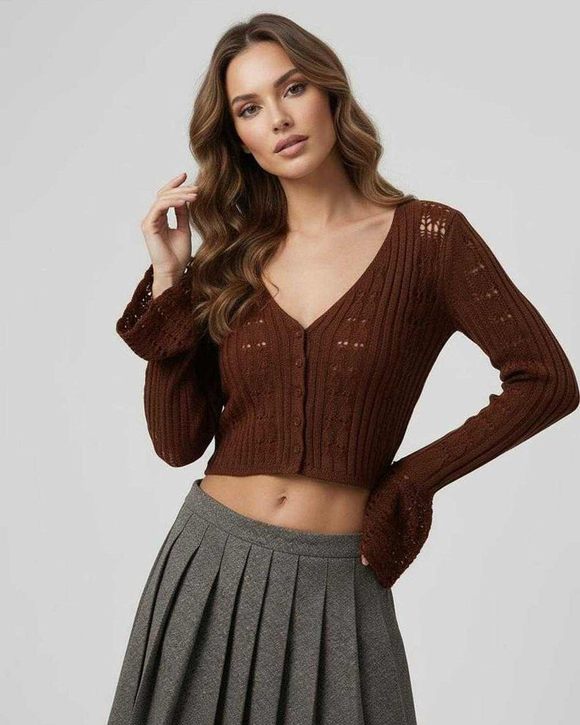 Sienna Cardigan: rich brown cropped cardigan with refined knit detailing, flattering V-neckline, from Lauven.