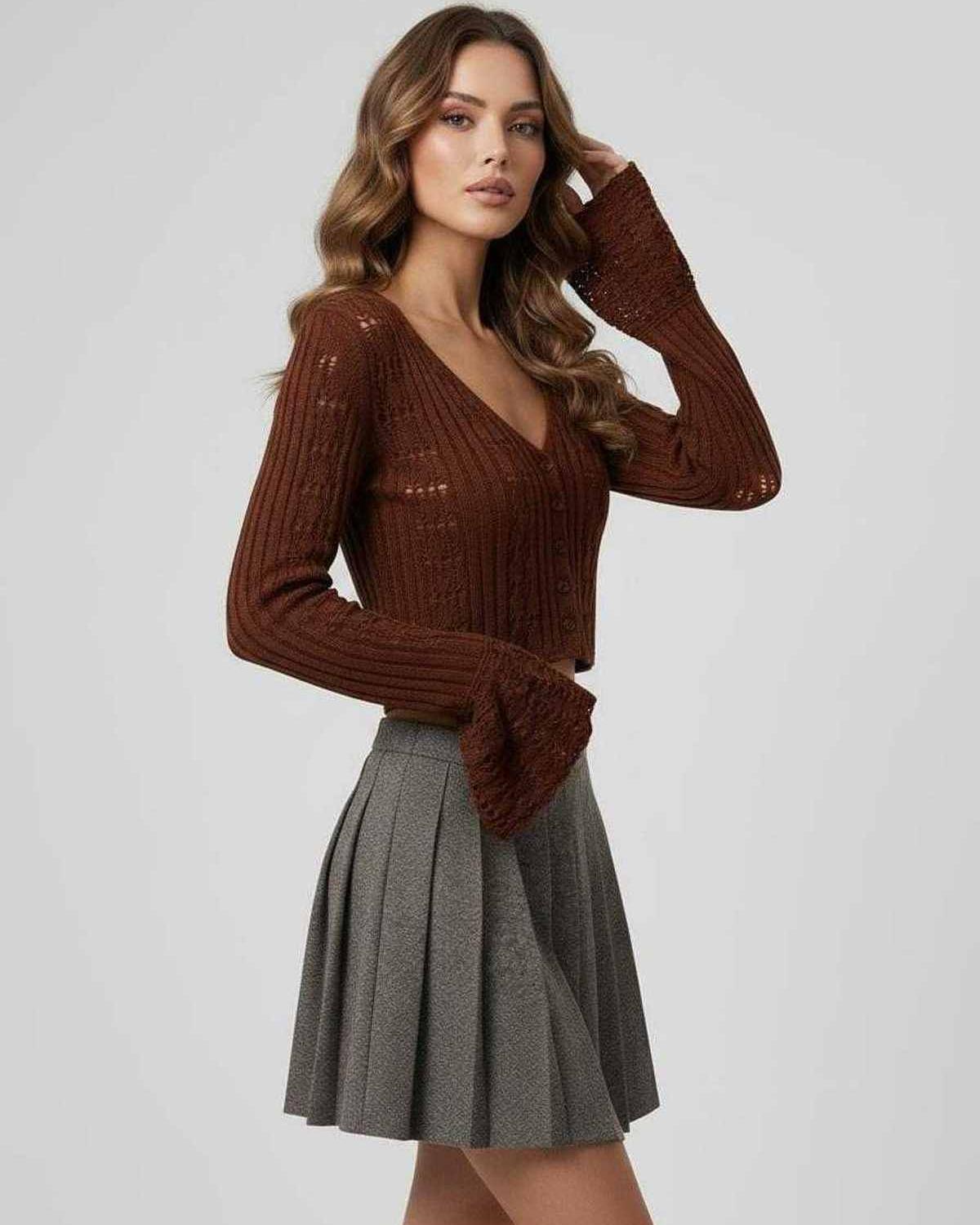 Sienna Cardigan brown cropped sweater by Lauven, featuring V-neckline and openwork knit for stylish comfort.