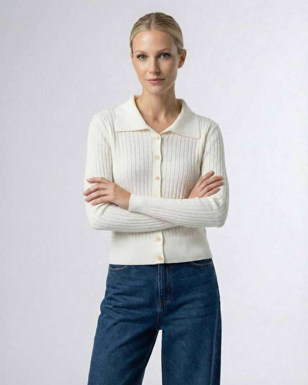 Sienna Cardigan by Lauven, women's button front knit cardigan sweater in cream, showcasing refined style and versatility.