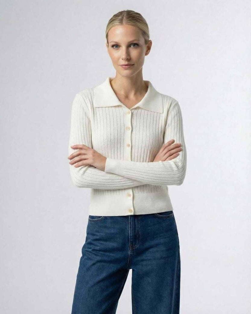 Sienna Cardigan by Lauven, women's button front knit cardigan sweater in cream, showcasing refined style and versatility.