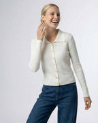 Sienna Cardigan by Lauven, women's button front knit sweater in cream, showcasing modern elegance and ribbed texture.