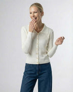 Sienna Cardigan by Lauven, women's button front knit cardigan sweater in cream with ribbed texture.
