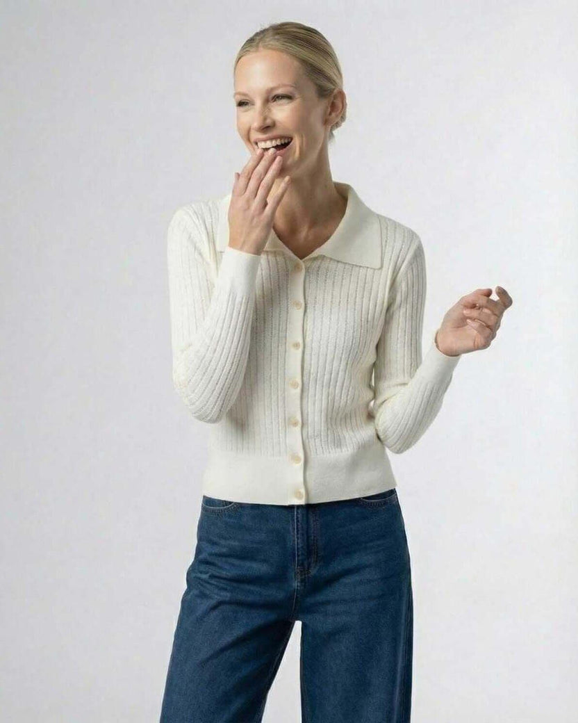 Sienna Cardigan by Lauven, women's button front knit cardigan sweater in cream with ribbed texture.