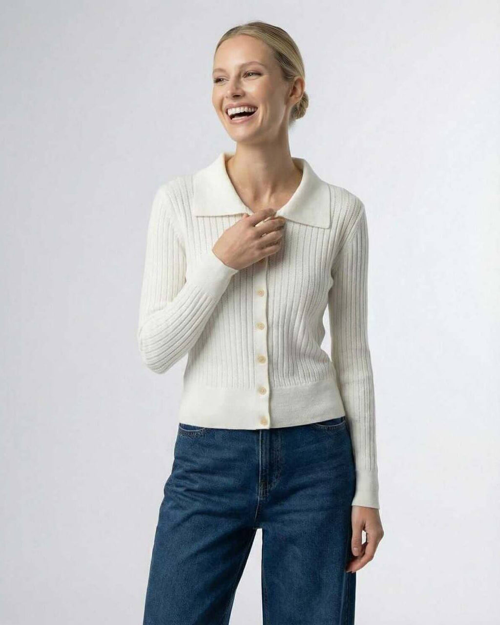 Sienna Cardigan by Lauven, women’s button front knit cardigan sweater in white, showcasing modern elegance and comfort.