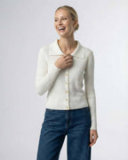 Sienna Cardigan by Lauven, women’s button front knit cardigan sweater in white, showcasing modern elegance and comfort.