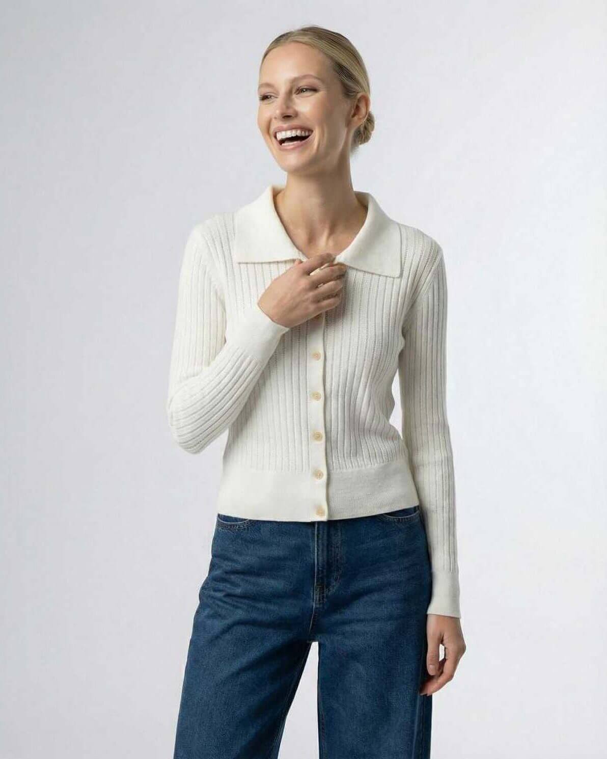 Sienna Cardigan by Lauven, women’s button front knit cardigan sweater in white, showcasing modern elegance and comfort.