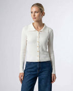 Sienna Cardigan by Lauven, women's button front knit sweater in ivory with ribbed texture and polished collar.