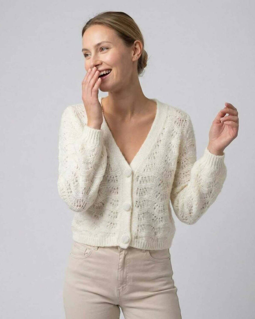 Sienna Cardigan by Lauven – Elegant V-neck long sleeve cardigan sweater with hollow out knit for women.