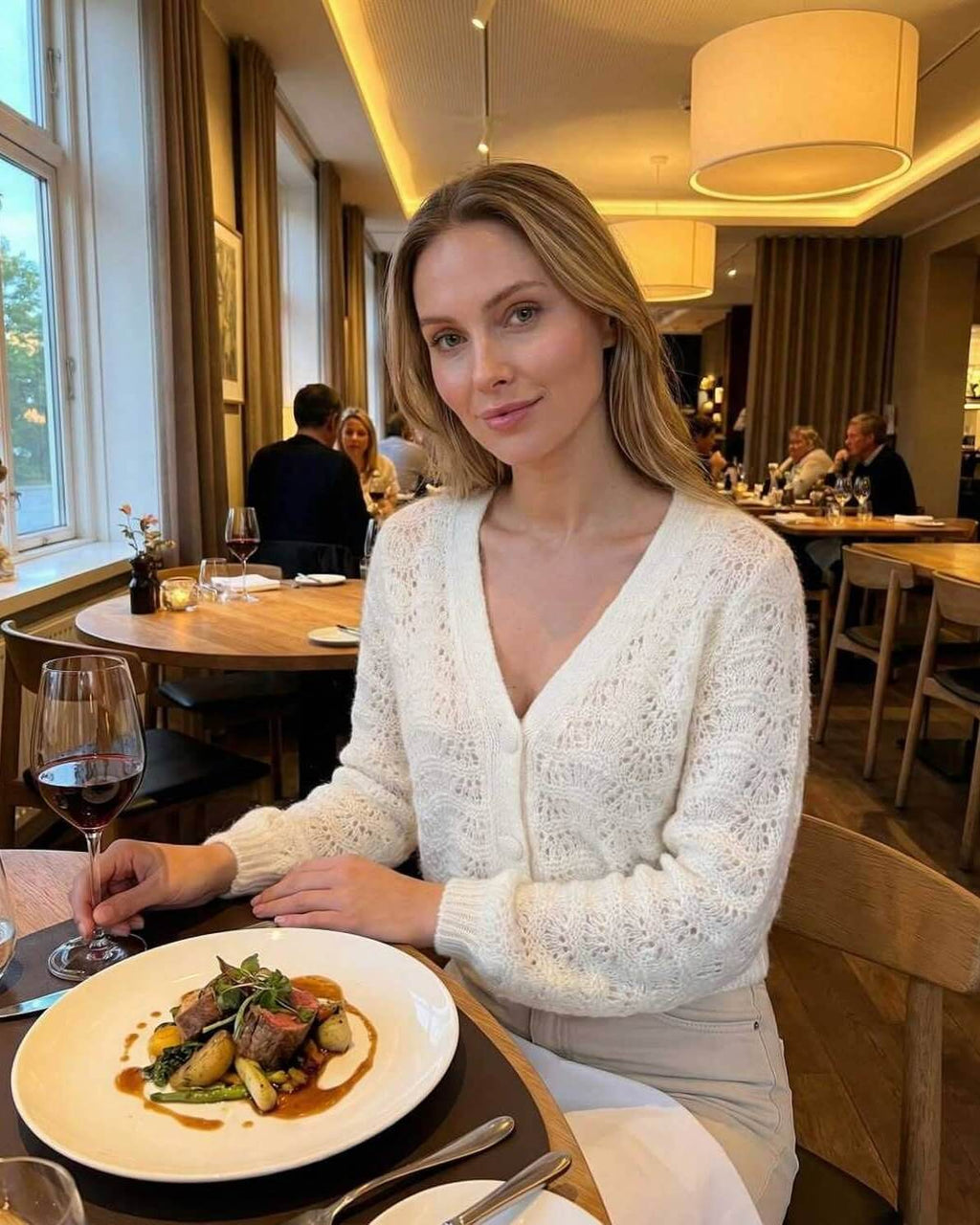 Sienna Cardigan by Lauven - Women’s V-Neck Cardigan in hollow out knit style, perfect for elegant dining.