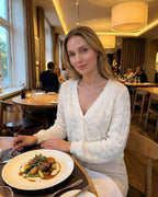 Sienna Cardigan by Lauven - Women’s V-Neck Cardigan in hollow out knit style, perfect for elegant dining.