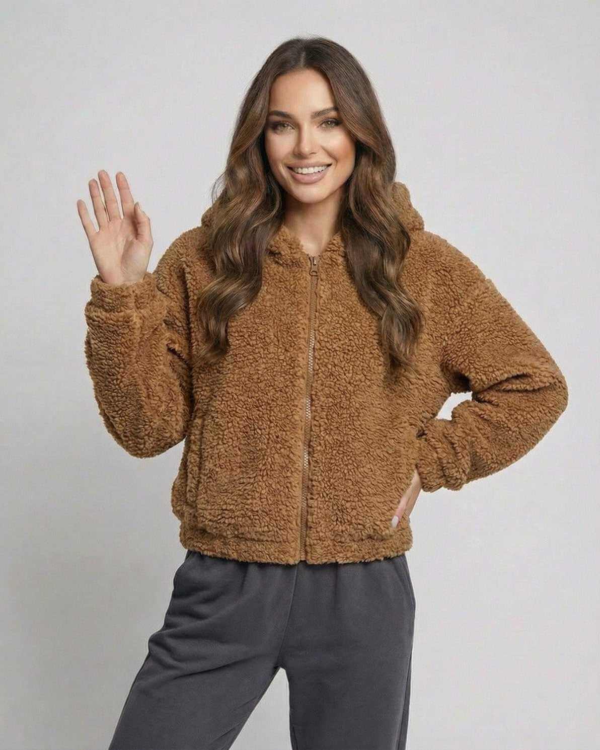 Sienna Jacket by Lauven – Women's brown hooded fleece jacket, zip up front, soft texture and modern fit.