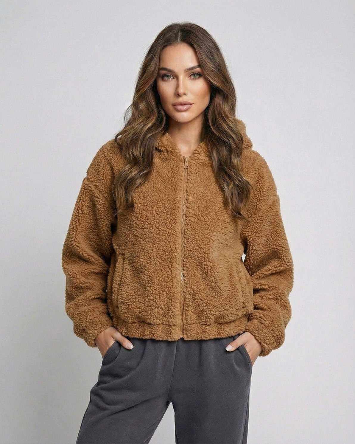 Sienna Jacket by Lauven – Women’s brown fleece jacket with hood and zip up front, perfect for casual layering.