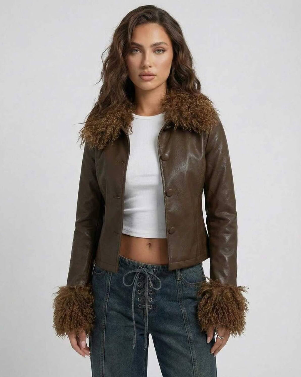 Sienna Jacket by Lauven – Women’s Faux Leather Jacket with Fur Collar and Slim Fit, perfect for modern style.