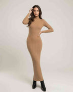 Sienna Maxi Dress in beige ribbed knit with turtleneck, showcasing a sleek, minimalist silhouette by Lauven.