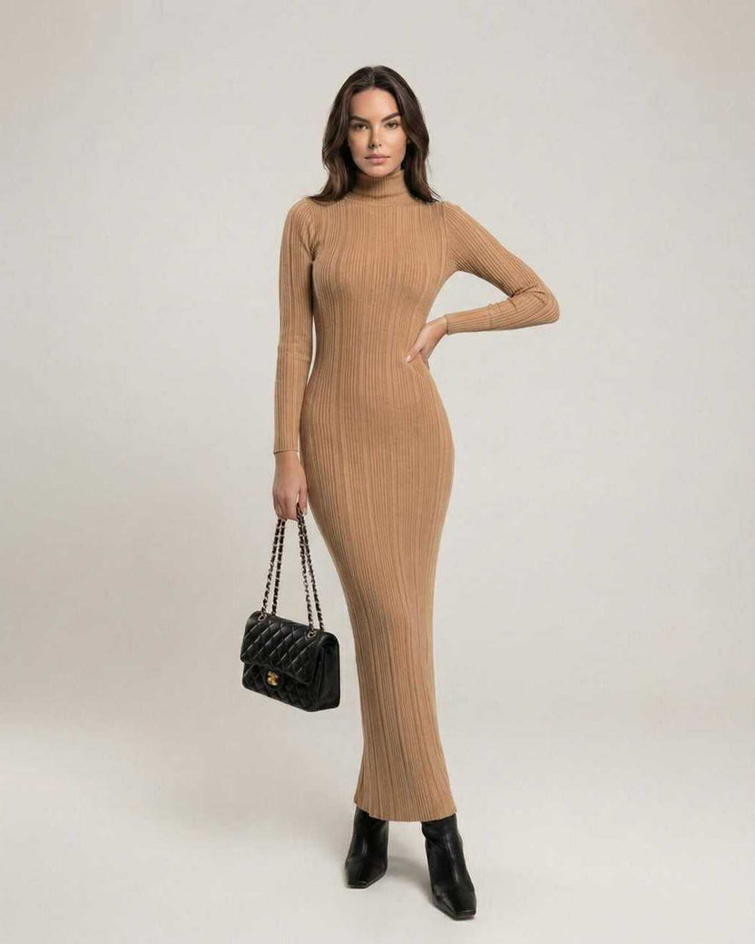 Sienna Maxi Dress in beige ribbed knit with turtleneck, showcasing a refined silhouette by Lauven.