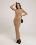 Sienna Maxi Dress - Beige ribbed knit turtleneck dress by Lauven showcasing a refined silhouette and modern design.