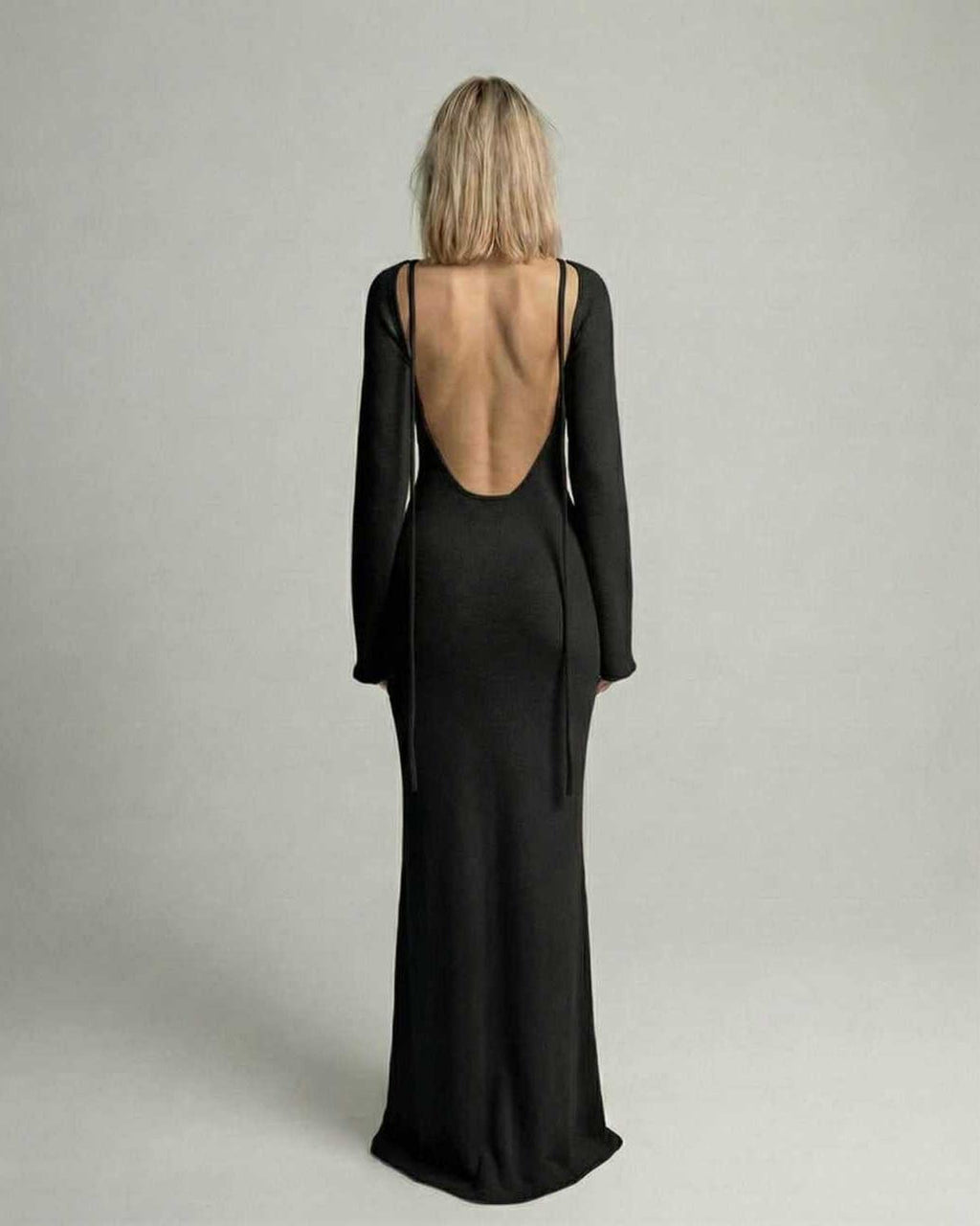 Sienna Maxi Dress - Black A-Line with backless detail, flare sleeves by Lauven.