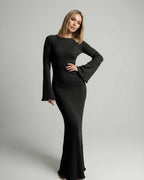 Sienna Maxi Dress - black A-line dress with flare sleeves and backless detail from Lauven, elegant and timeless.