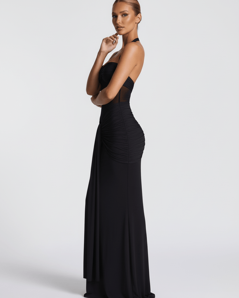 Sienna Maxi Dress - Black halter maxi with mesh panel, mermaid silhouette by Lauven, exuding elegance and modern style.