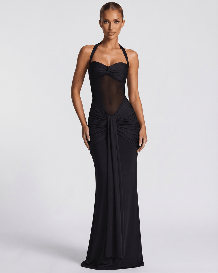 Sienna Maxi Dress - Black Halter Maxi Dress with Mesh Panel and Mermaid Silhouette by Lauven