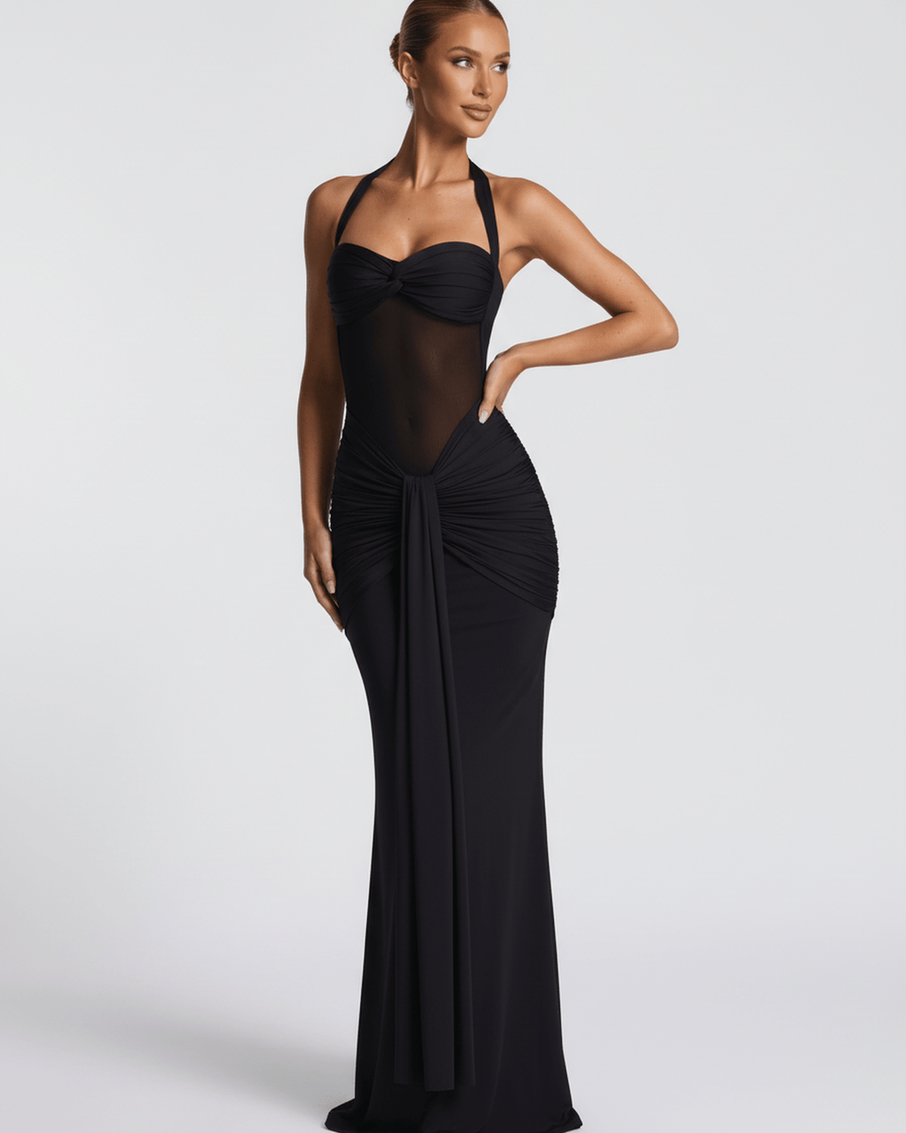 Sienna Maxi Dress by Lauven, black halter maxi dress with mesh panel, mermaid silhouette, perfect for elegant occasions.