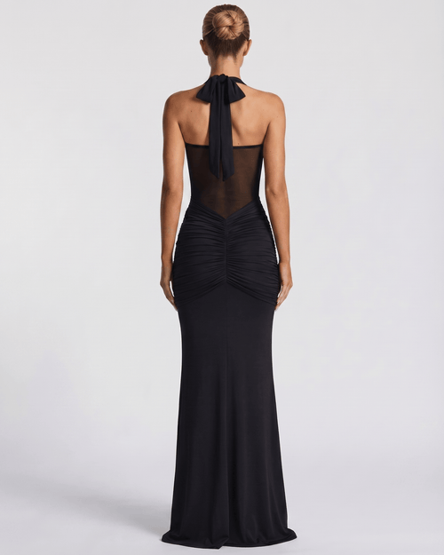 Sienna Maxi Dress - Black halter maxi dress with mesh panel and mermaid silhouette by Lauven.