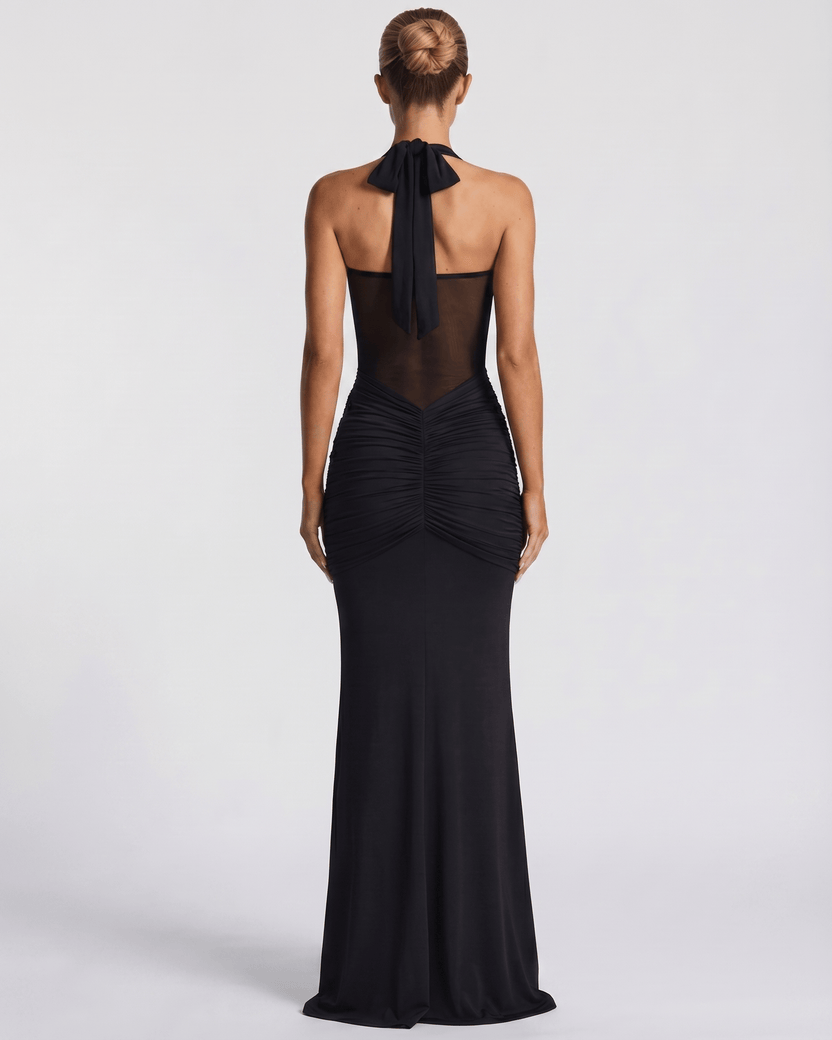 Sienna Maxi Dress - Black halter maxi dress with mesh panel and mermaid silhouette by Lauven.