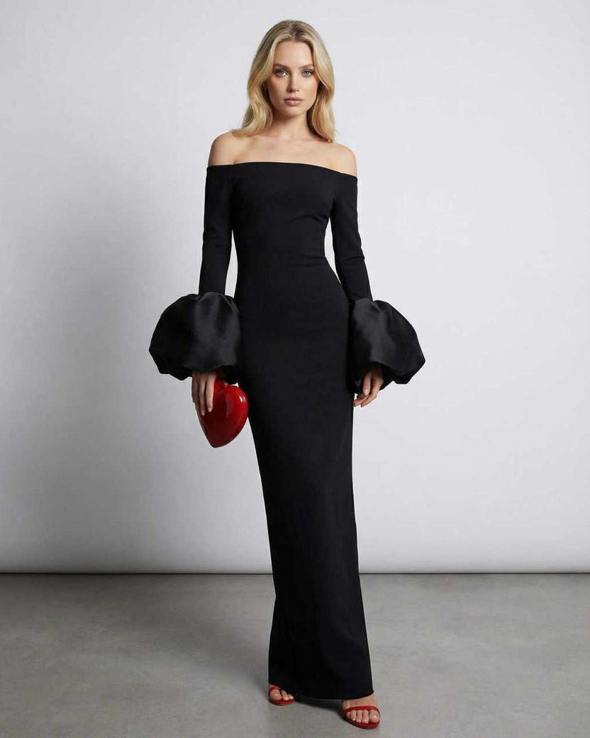 Sienna Maxi Dress featuring off-the-shoulder neckline and puff sleeves by Lauven, perfect for elegant evenings.