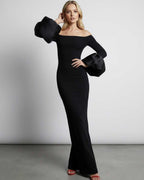Sienna Maxi Dress featuring off-the-shoulder neckline and dramatic puff sleeves from Lauven, sleek black evening wear.