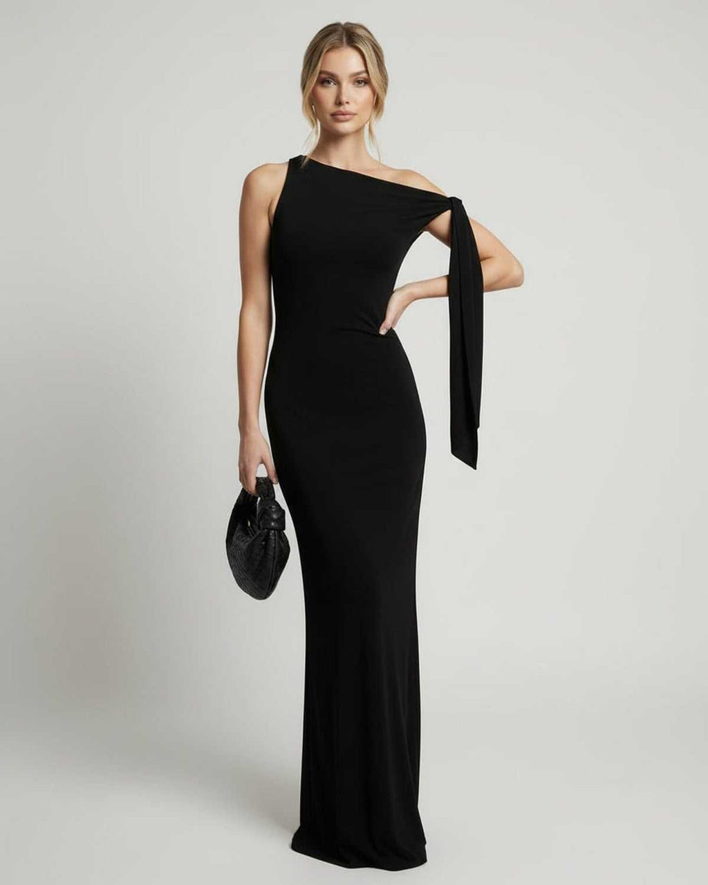Sienna Maxi Dress featuring a sleek one shoulder design, crafted from soft stretch fabric by Lauven, perfect for elegant evenings.