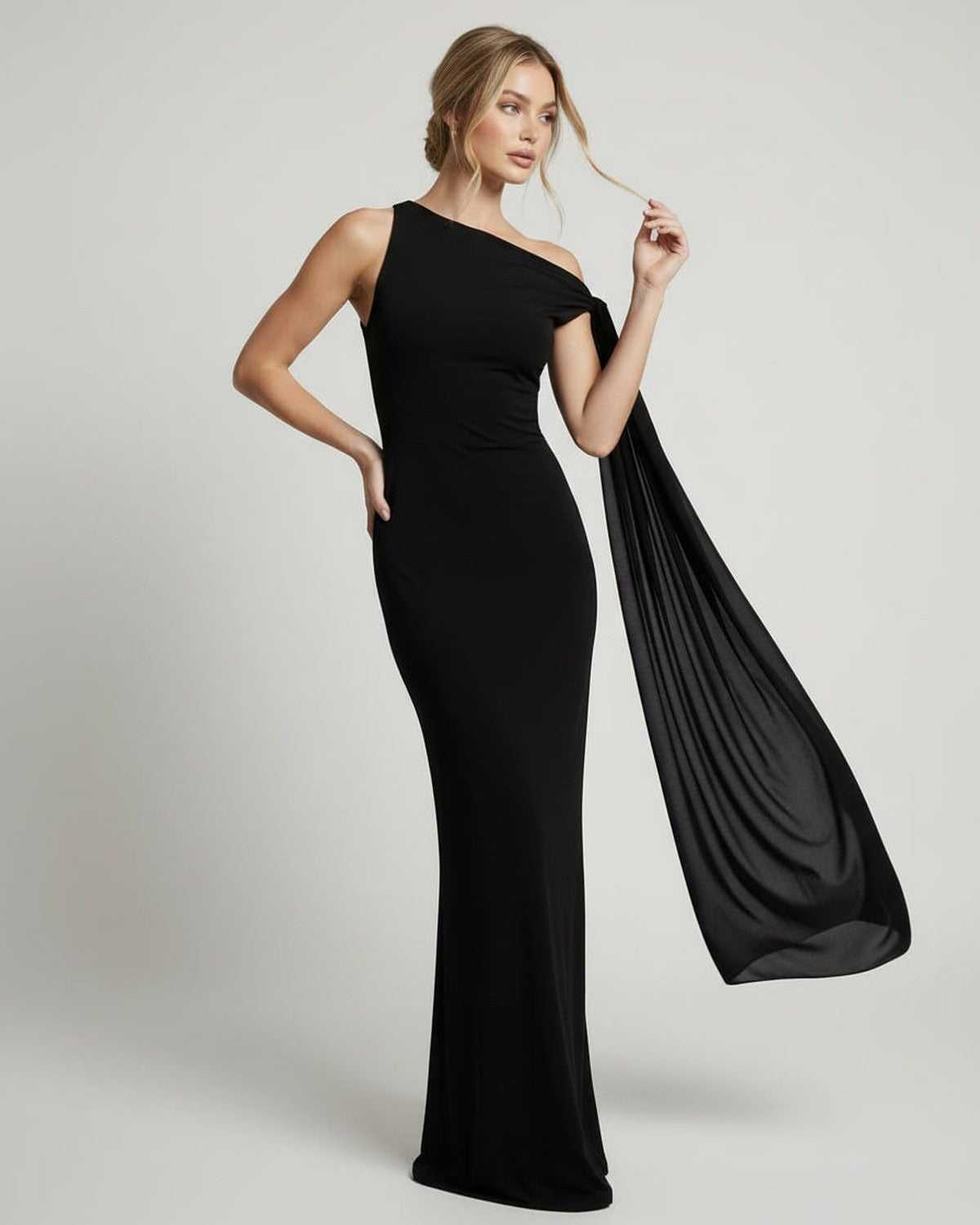 Sienna Maxi Dress - Elegant black one shoulder evening dress with sleek silhouette by Lauven.