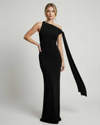 Sienna Maxi Dress - Black one shoulder evening dress by Lauven, featuring sleek silhouette and soft stretch fabric.