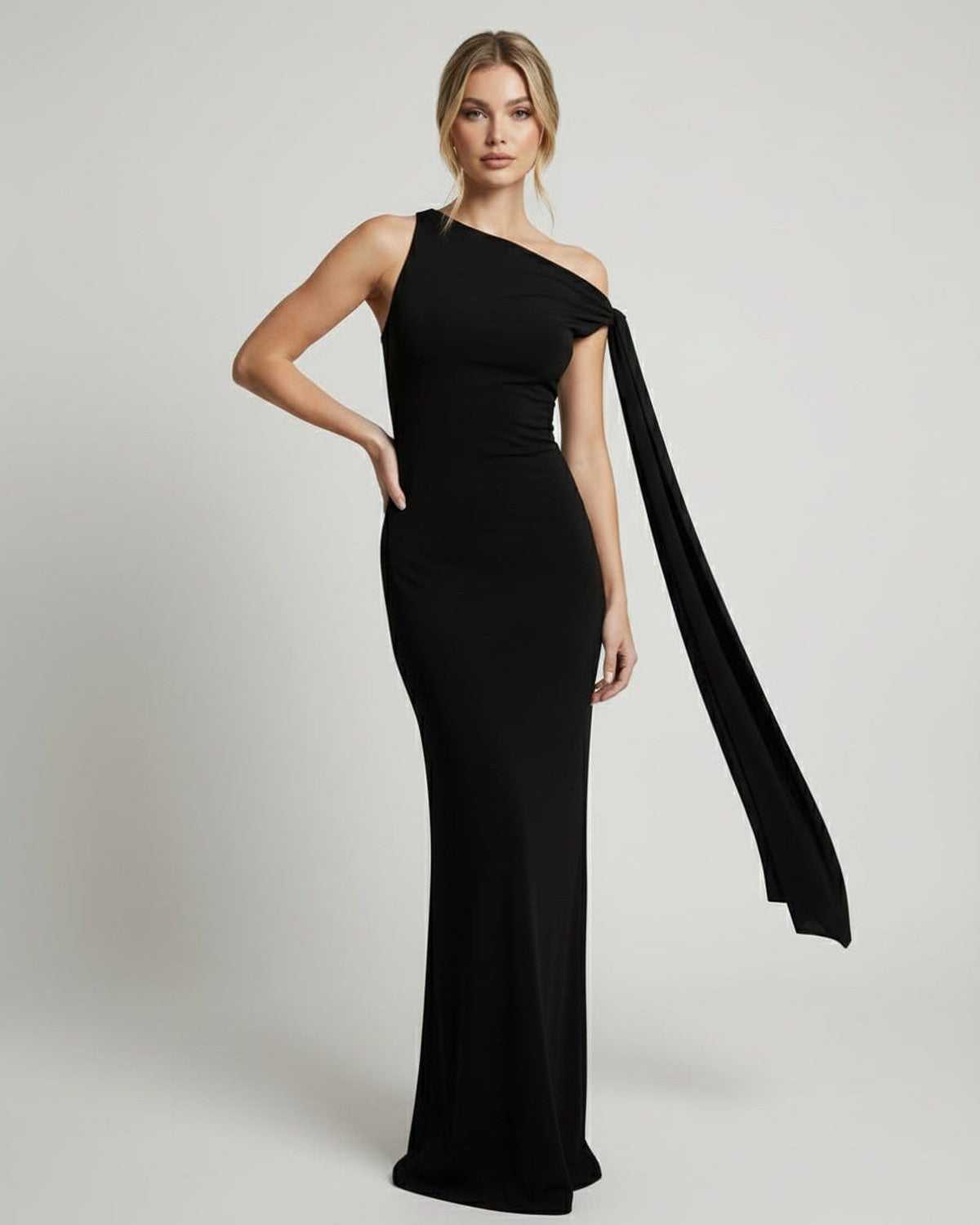 Sienna Maxi Dress - Black one shoulder evening dress by Lauven, featuring sleek silhouette and soft stretch fabric.