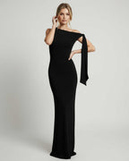 Sienna Maxi Dress – black one shoulder evening dress with sleek silhouette by Lauven, crafted from soft stretch fabric.