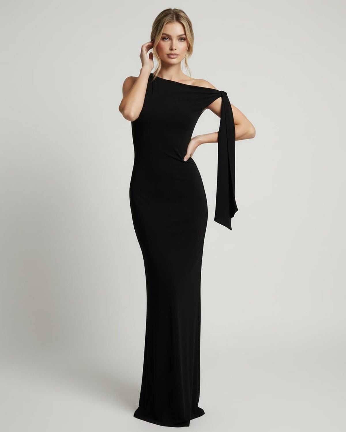 Sienna Maxi Dress – black one shoulder evening dress with sleek silhouette by Lauven, crafted from soft stretch fabric.