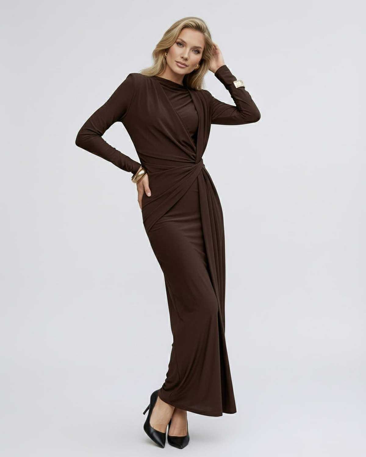 Sienna Maxi Dress, brown bodycon style, long sleeve, draped waist, Lauven brand, elegant and modern design.