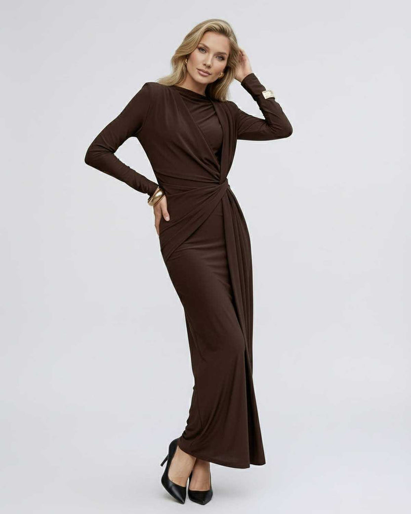Sienna Maxi Dress, brown bodycon style, long sleeve, draped waist, Lauven brand, elegant and modern design.