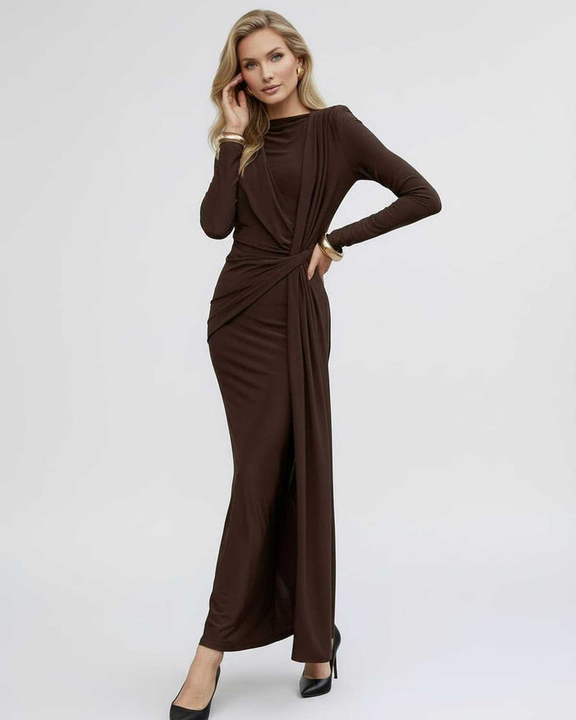 Sienna Maxi Dress - Brown Bodycon Maxi Dress with Long Sleeve and Draped Waist Detail by Lauven.