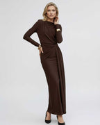 Sienna Maxi Dress featuring long sleeves, draped waist detail, and smooth brown bodycon fit by Lauven.