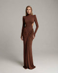 Sienna Maxi Dress - Brown long sleeve dress with ruched design and open back, Lauven's elegant formal piece.