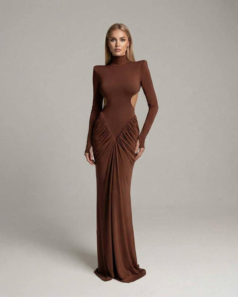 Sienna Maxi Dress - Brown long sleeve dress with ruched design and open back, Lauven's elegant formal piece.
