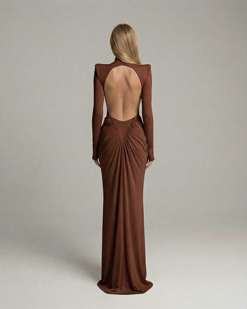 Sienna Maxi Dress features a high neck, long sleeve, ruched open back design in a striking brown color by Lauven.