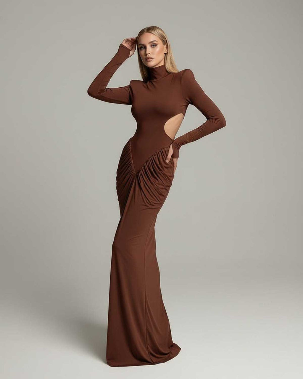 Sienna Maxi Dress featuring a high neck, long sleeves, ruched design, and open back by Lauven in rich chocolate brown.