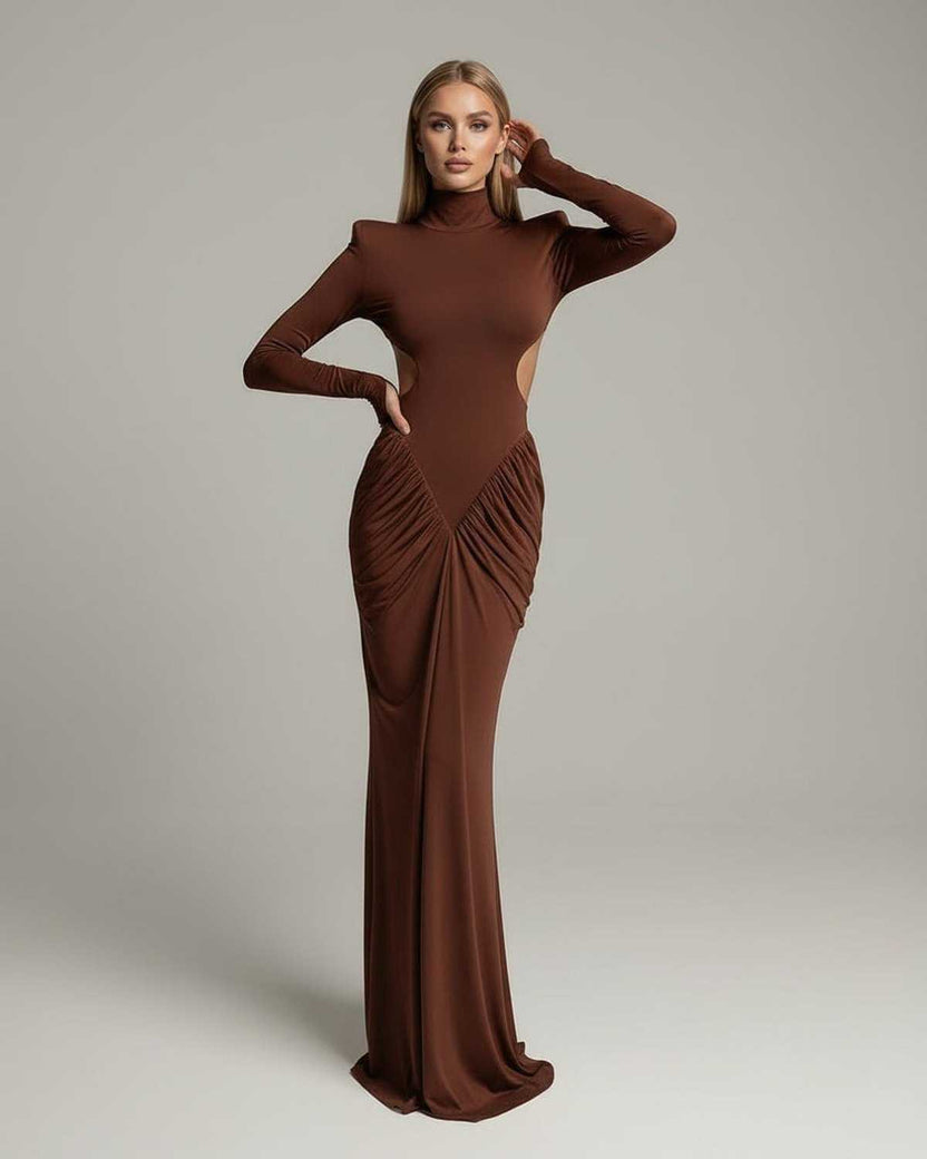 Sienna Maxi Dress featuring high neck, long sleeves, ruched open back in rich chocolate tone by Lauven.