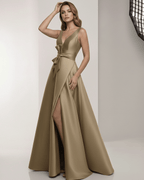 Sienna Maxi Dress – Satin A-Line brown dress with V-neck, bow detail, and elegant flow for formal occasions by Lauven.