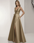 Sienna Maxi Dress - Satin A-Line Brown Maxi Dress with V-Neck, Bow Detail, and Elegant A-Line Silhouette by Lauven.