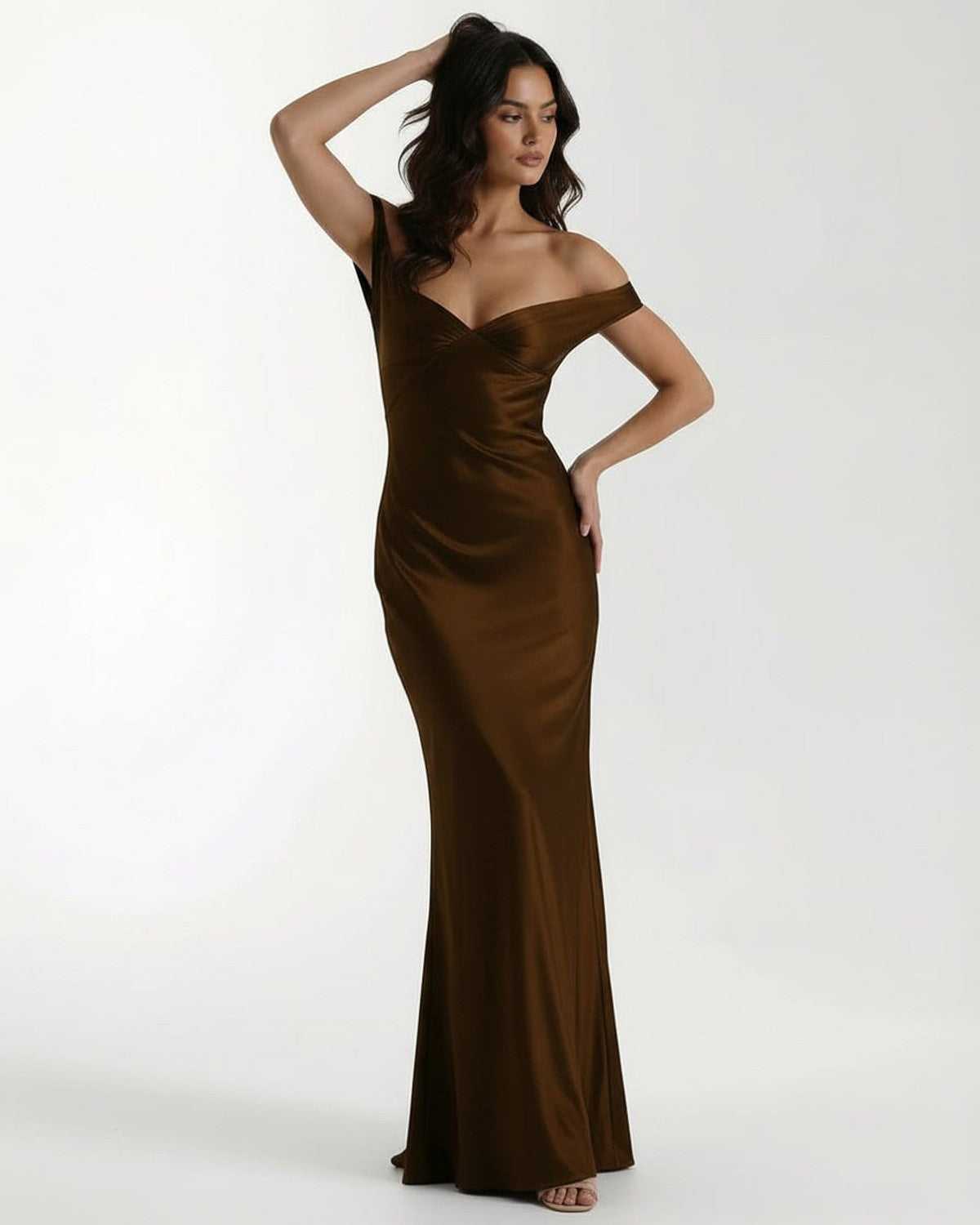 Sienna Maxi Dress - Elegant brown satin finish, off-shoulder design by Lauven, showcasing a sculpted silhouette.