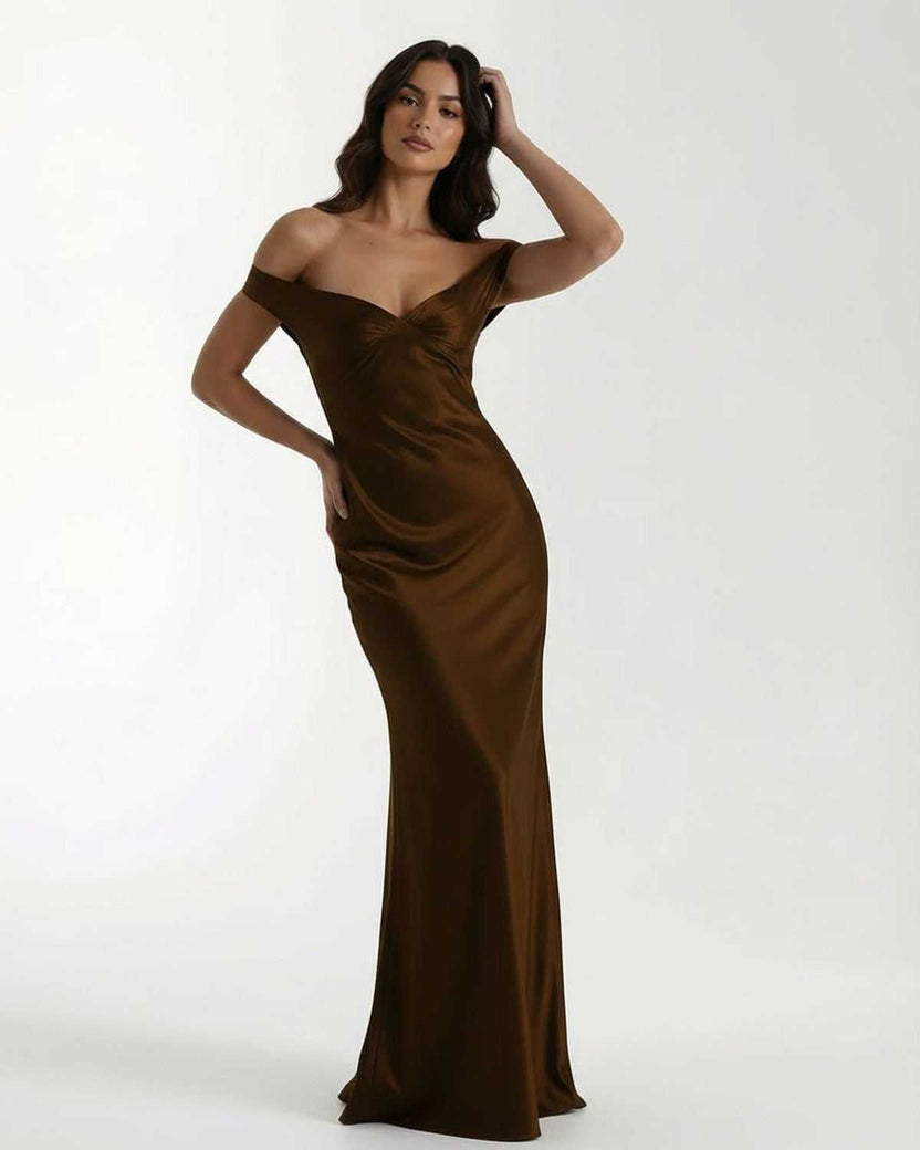 Sienna Maxi Dress featuring a refined silhouette in lustrous brown satin, designed by Lauven.
