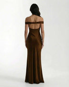 Sienna Maxi Dress back view showing off-shoulder design in lustrous brown satin by Lauven.