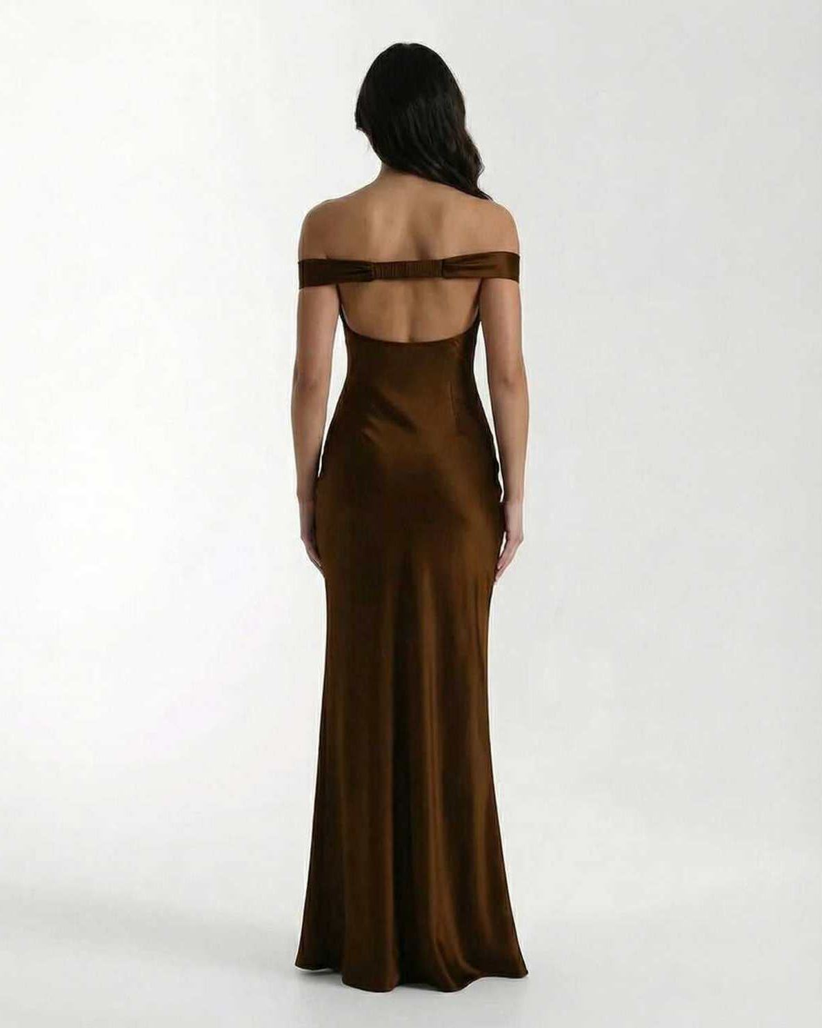 Sienna Maxi Dress back view showing off-shoulder design in lustrous brown satin by Lauven.